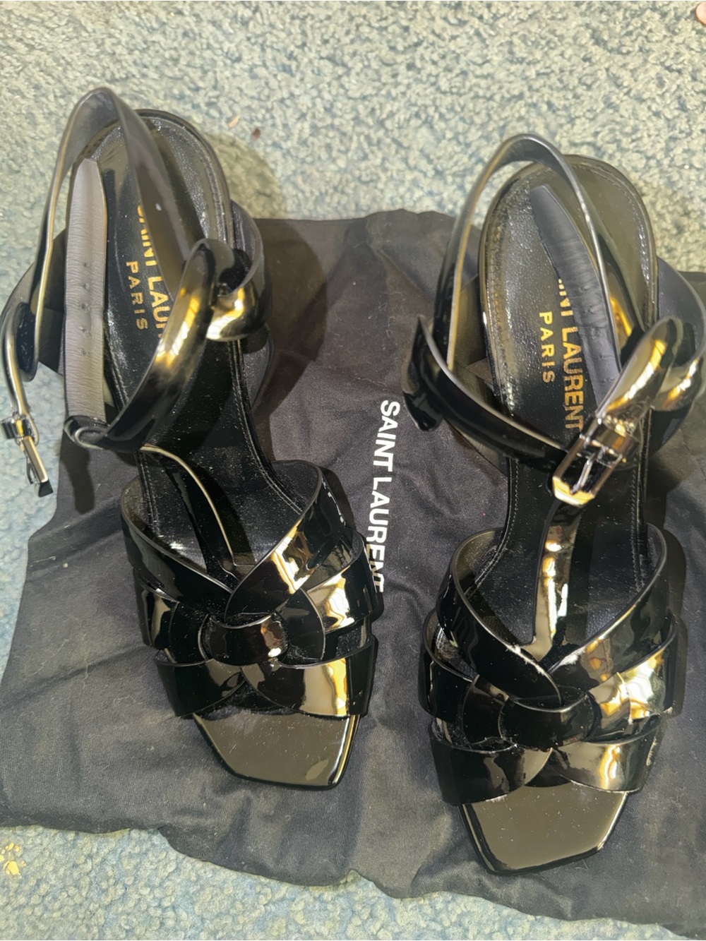 Saint Laurent Black Patent Leather Knot Detail Ankle-Strap Sandals